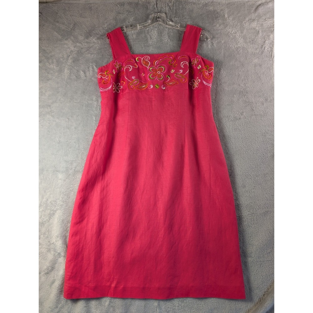 Maggy London SZ 14 Pink Linen Blend with Floral Embroidery Sundress Party Resort